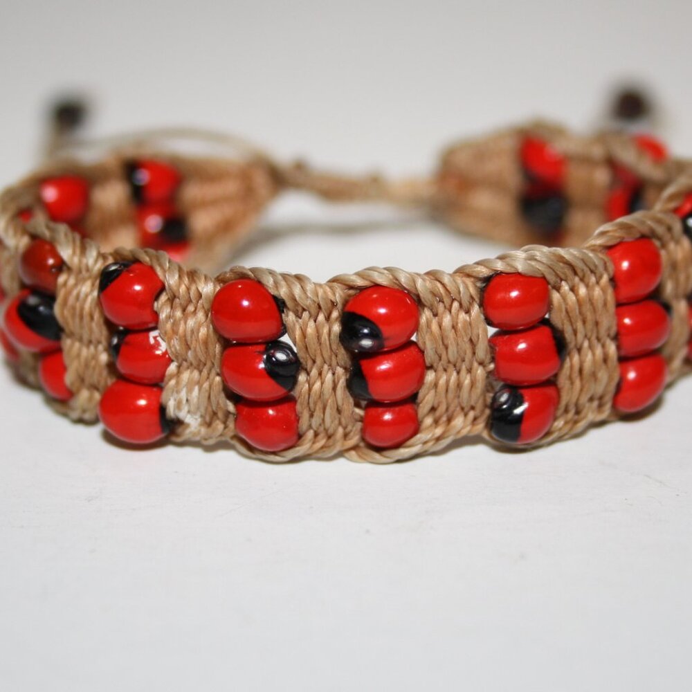 Brown cord and red beaded bracelet adjustable